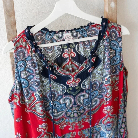 BILA SLEEVELESS SZ XXL PAISLEY FLORAL RUFFLE TASSEL BOHO WESTERN TOP - Picture 2 of 7